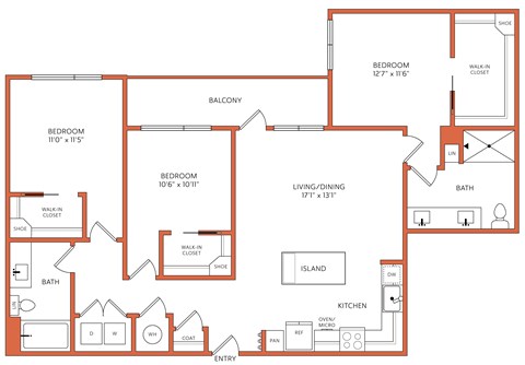 Floor plan for 3 beds, 2 baths, 1280 sqft